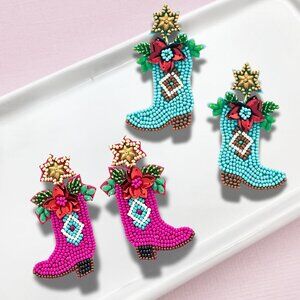 Christmas Holiday Gift Western Pink Turquoise Seed Beaded Boots Boho Earrings